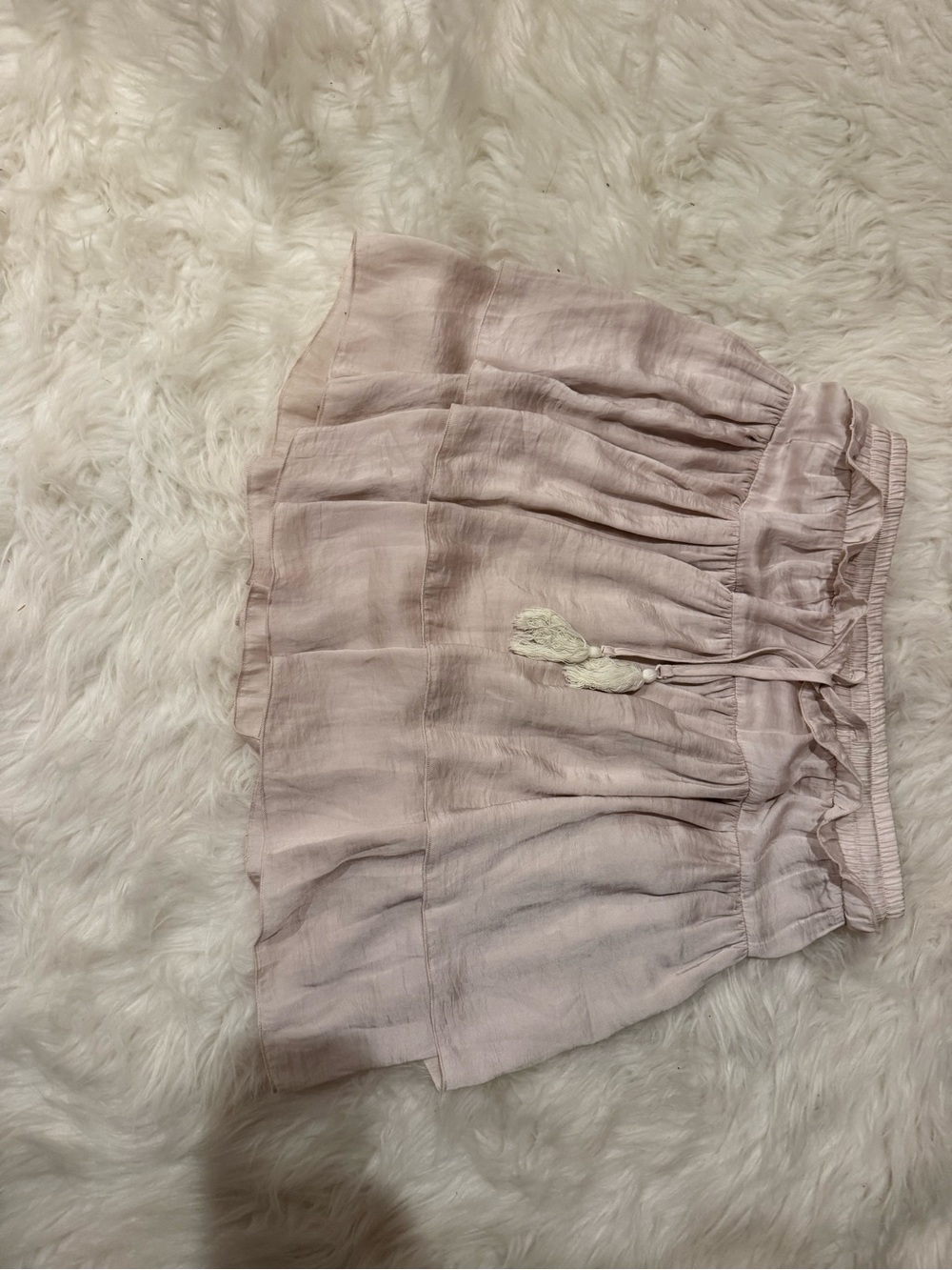 Light Blush Tiered Mini Skirt with Tassel Drawstring
